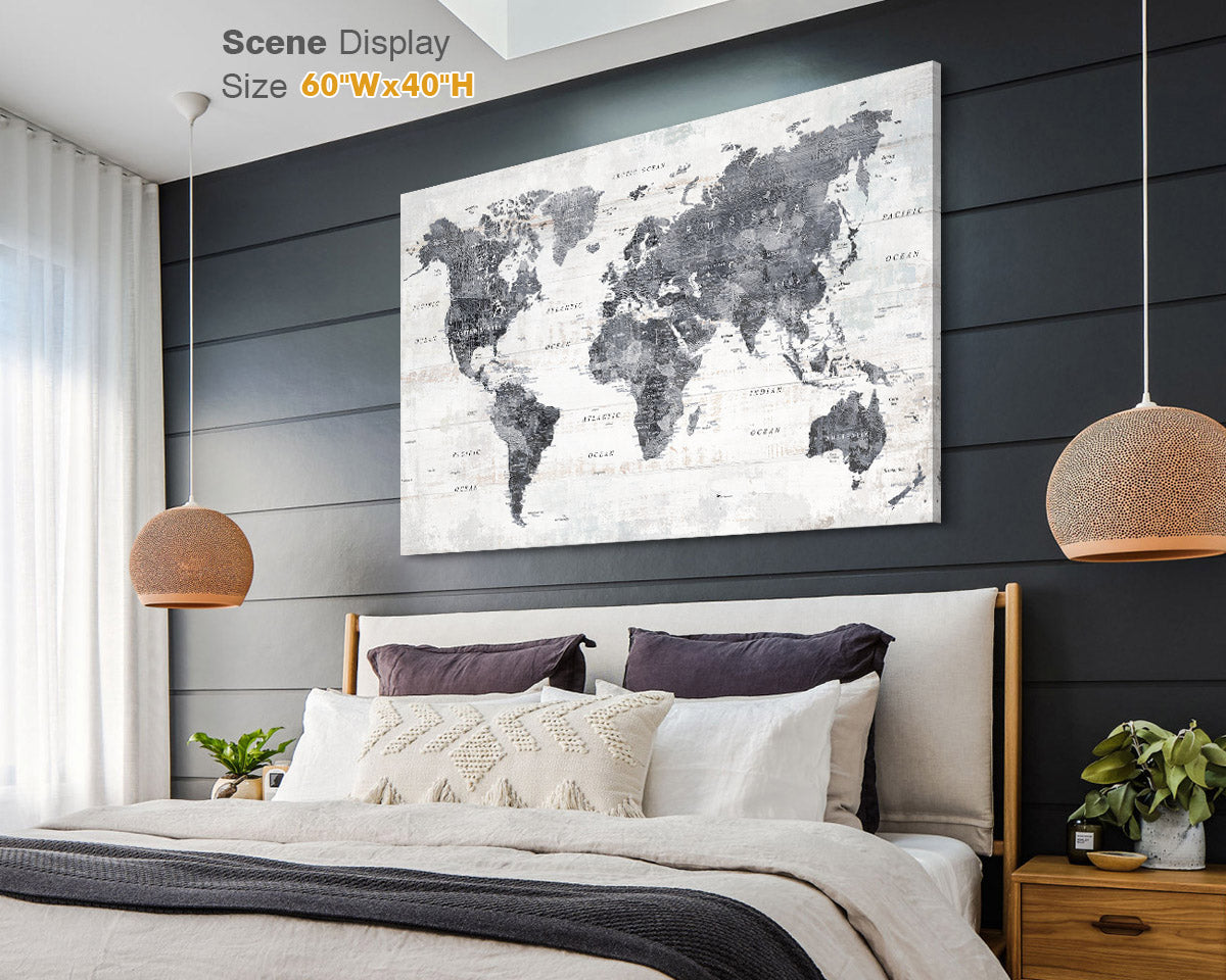 Office Wall Art World Map Assembly Frame in Grey
