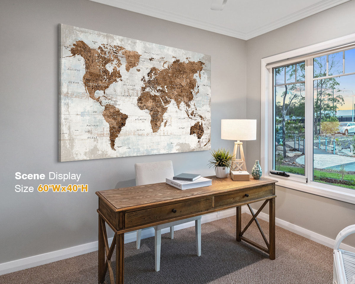 Office Wall Art World Map Assembly Frame in Brown