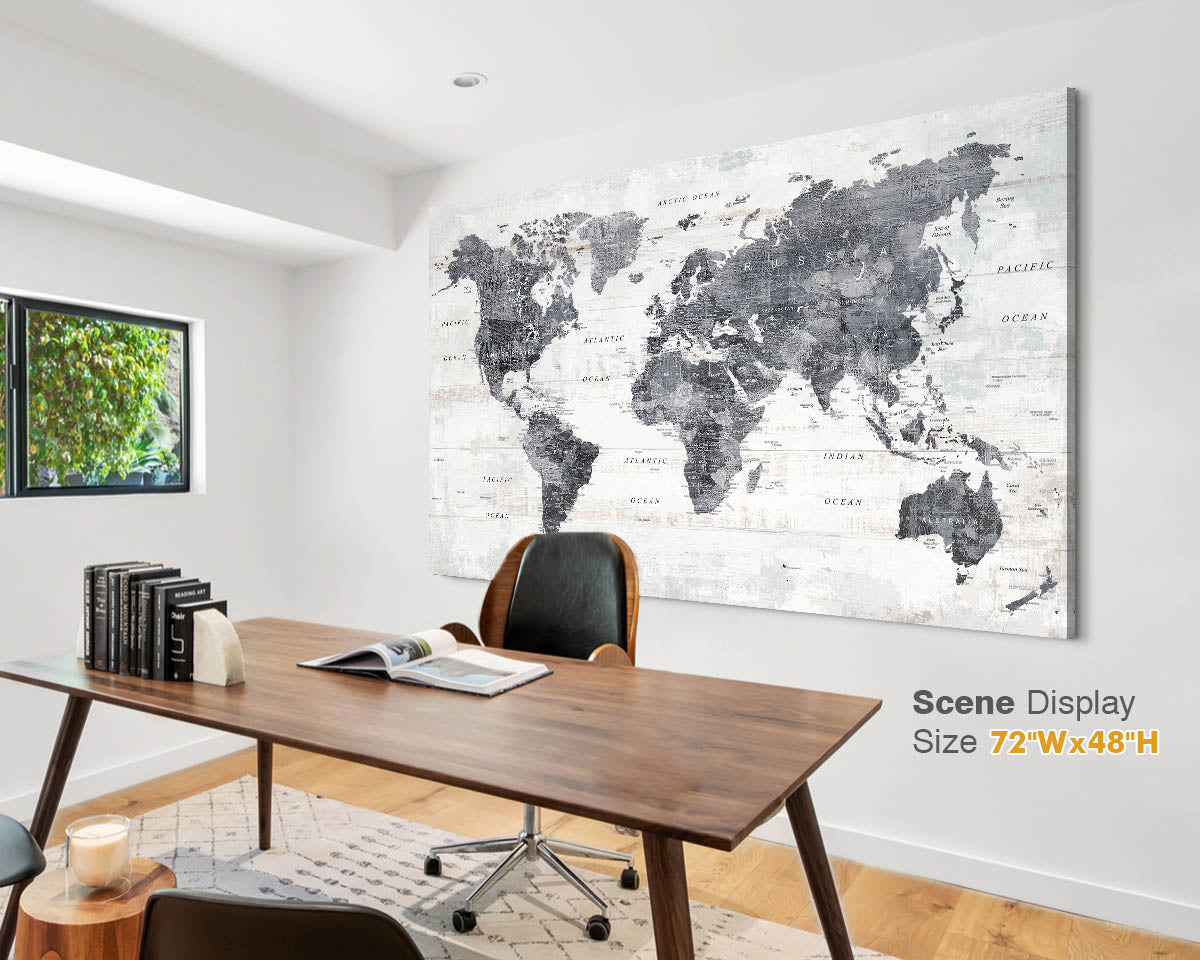 Office Wall Art World Map Assembly Frame in Grey