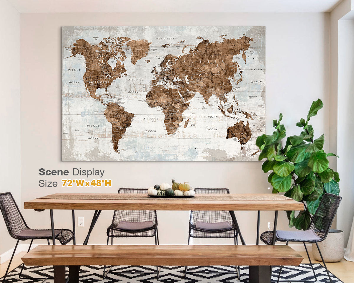 Office Wall Art World Map Assembly Frame in Brown