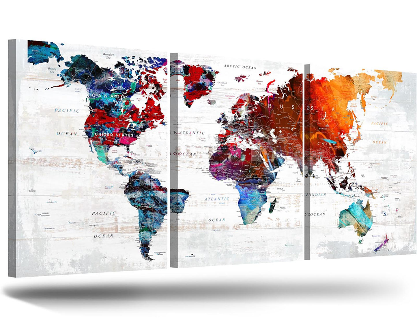 Canvas Wall Art World Map Office Artwork in Red 3 Pcs