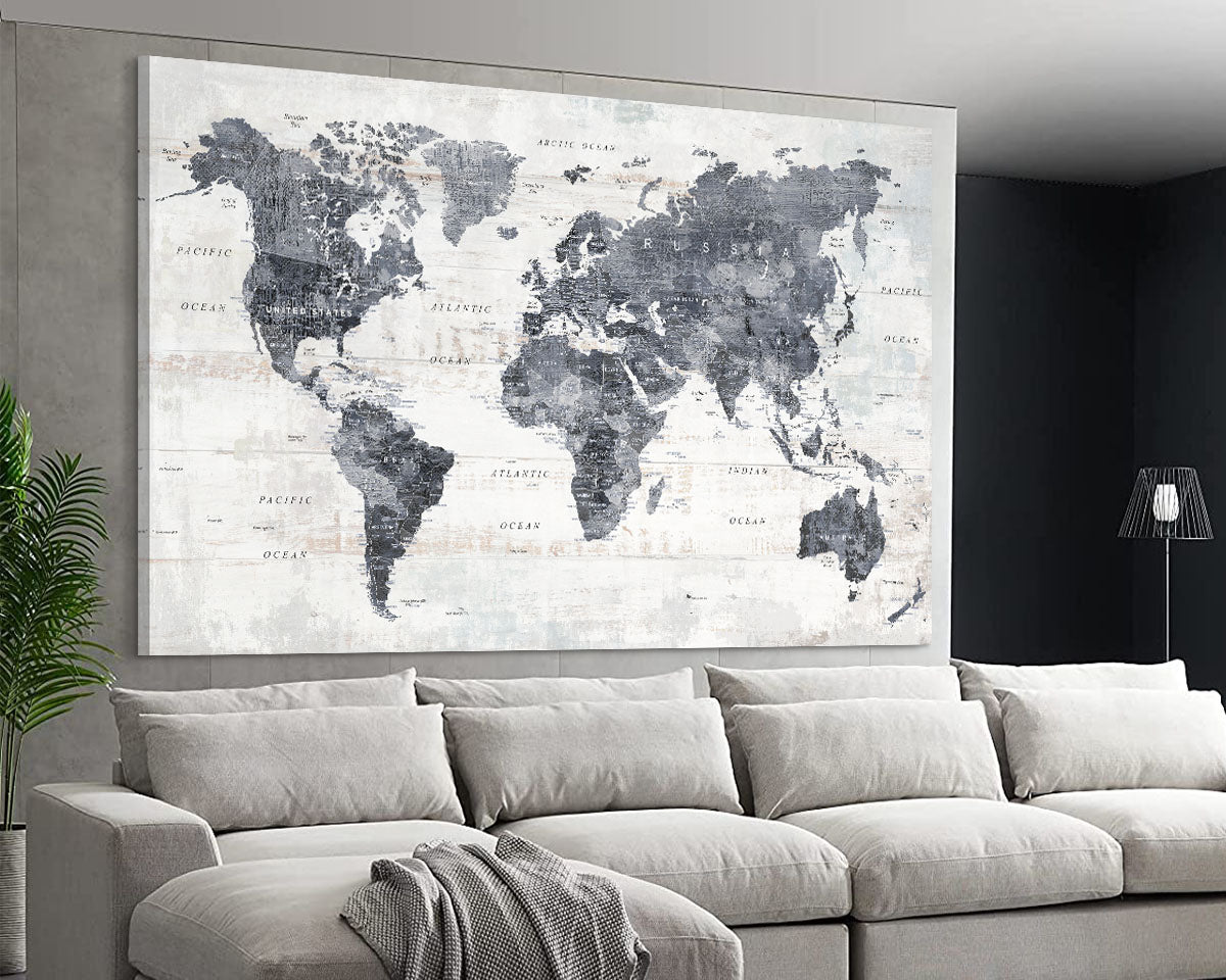 Office Wall Art World Map Assembly Frame in Grey