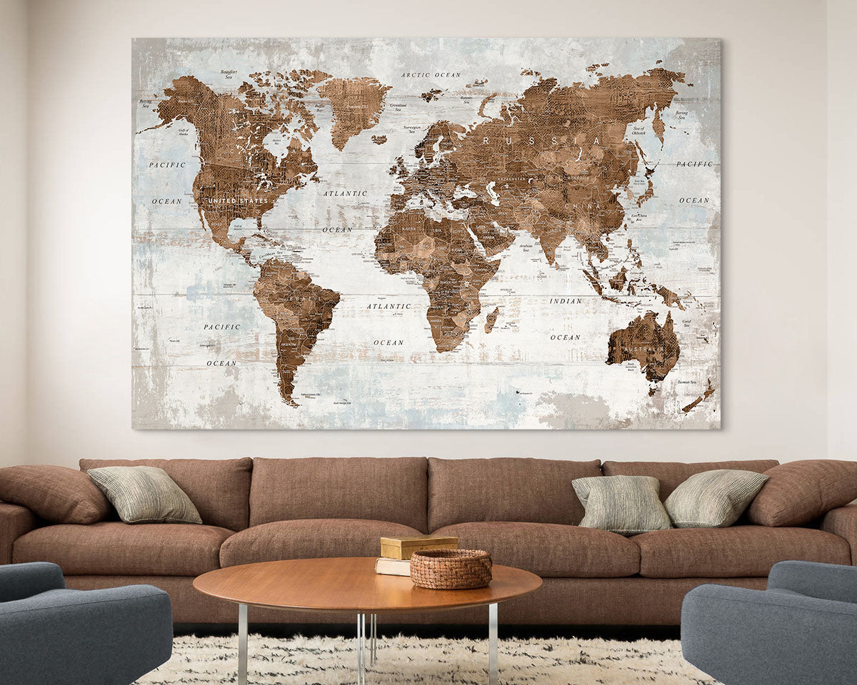 Office Wall Art World Map Assembly Frame in Brown