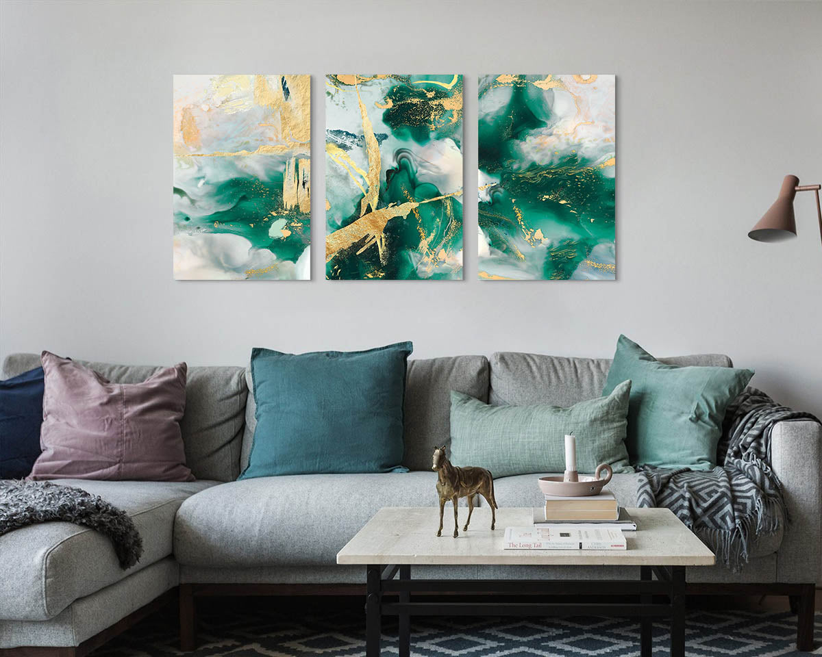 Wall Decor for Living Room Green Gold Office Wall Art Canvas Abstract Pictures 3 Pcs