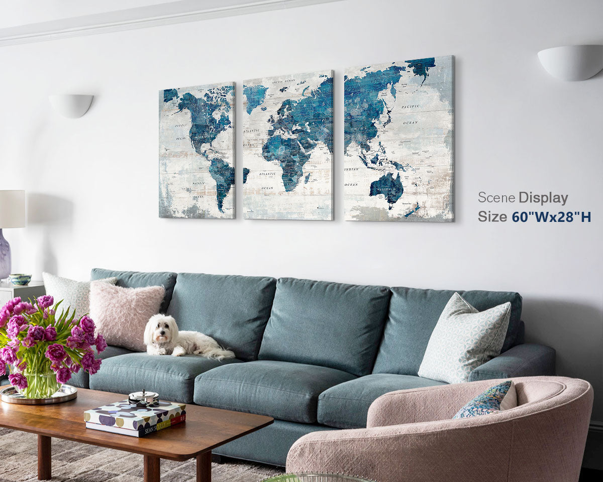 Canvas Wall Art World Map Office Artwork in Blue 3 Pcs