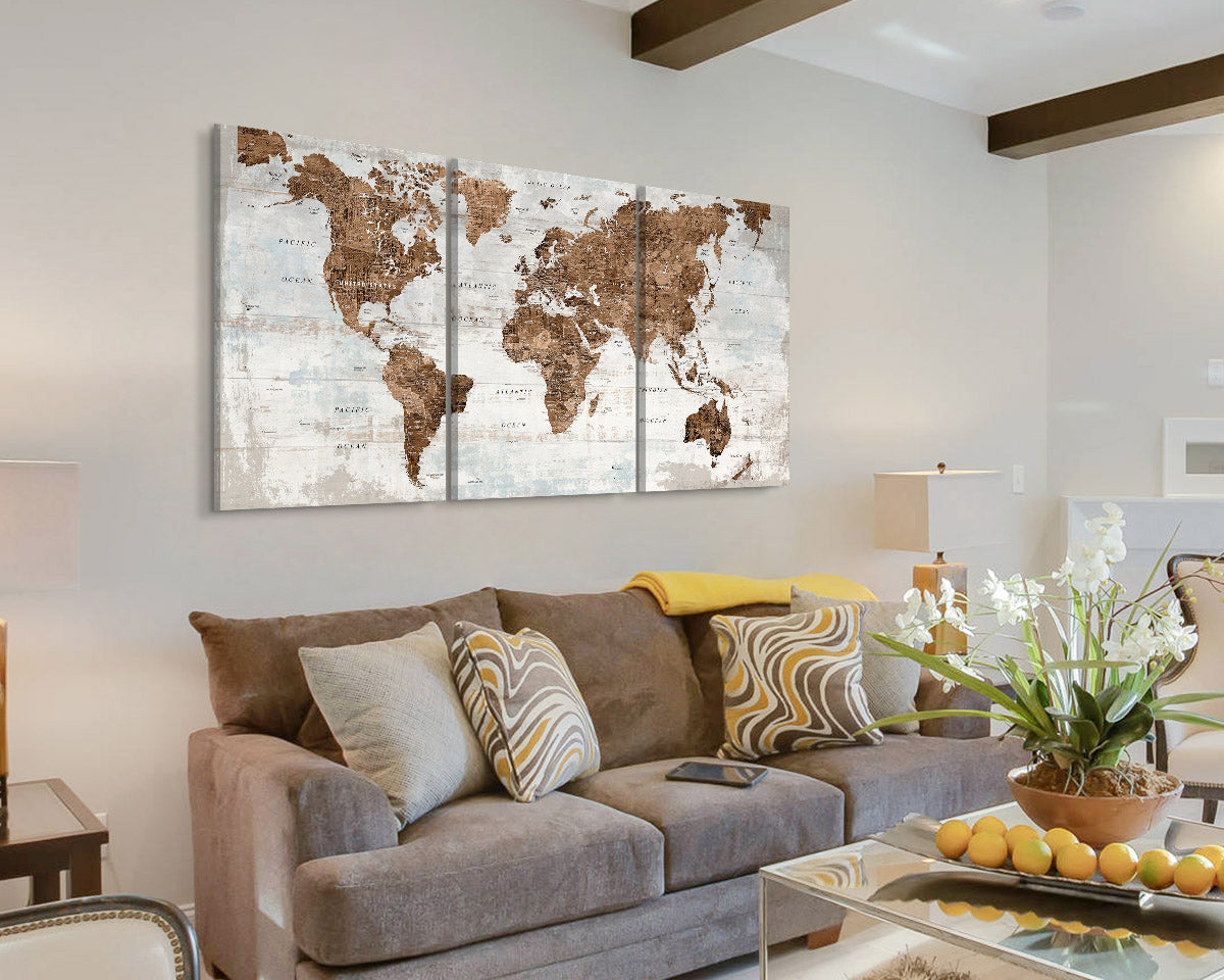 Canvas Wall Art World Map Office Artwork in Brown 3 Pcs