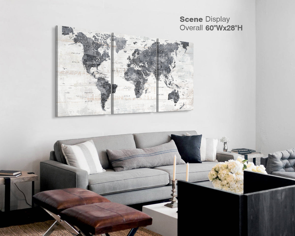 Canvas Wall Art World Map Office Artwork in Grey 3 Pcs