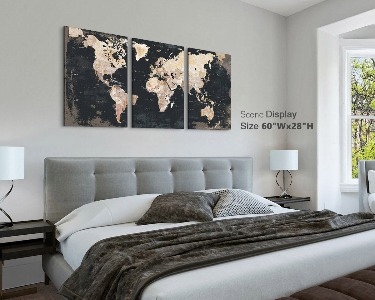 Canvas Wall Art World Map Office Artwork in Black 3 Pcs