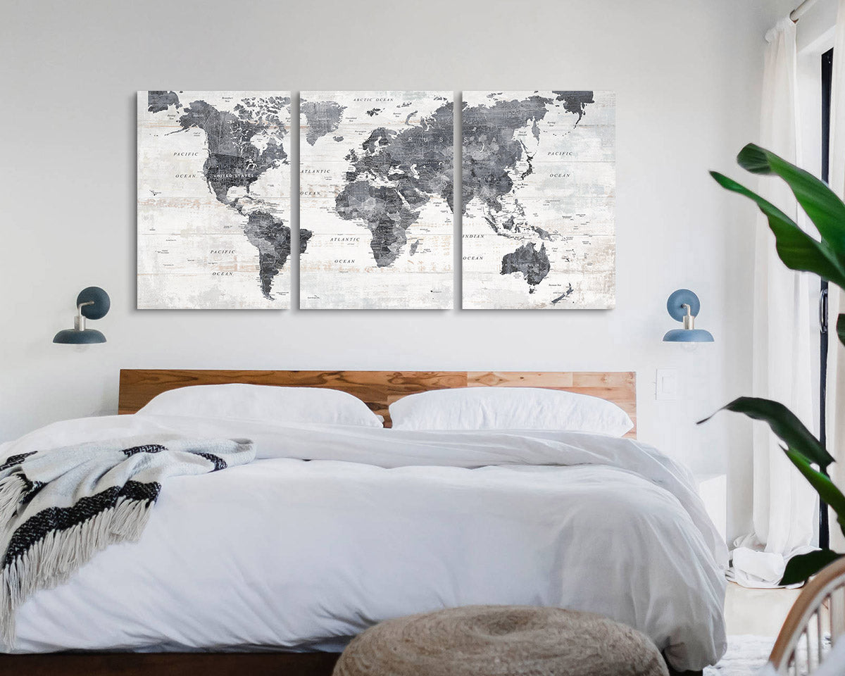 Canvas Wall Art World Map Office Artwork in Grey 3 Pcs
