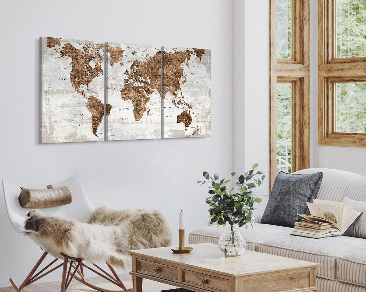 Canvas Wall Art World Map Office Artwork in Brown 3 Pcs