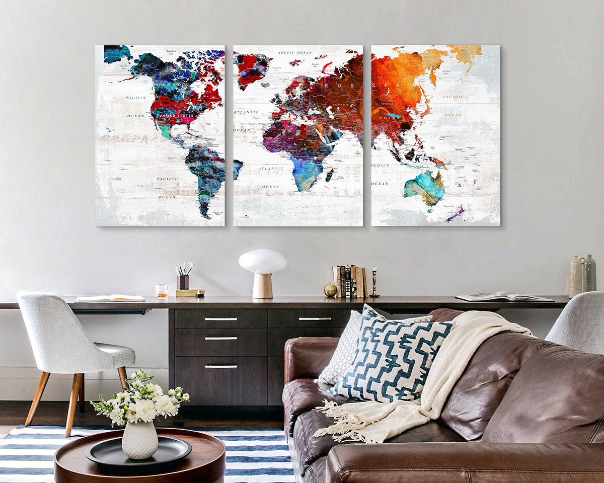 Canvas Wall Art World Map Office Artwork in Red 3 Pcs