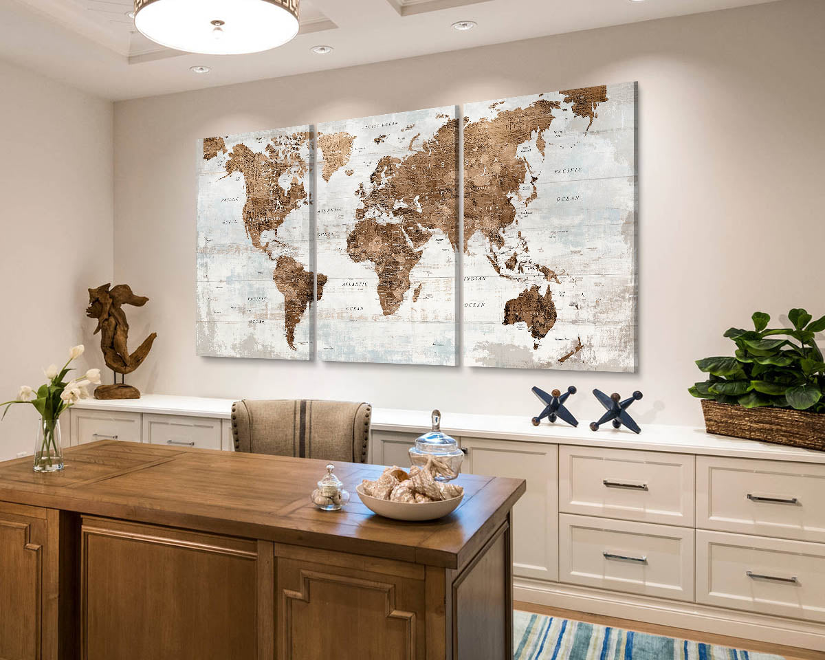 Canvas Wall Art World Map Office Artwork in Brown 3 Pcs