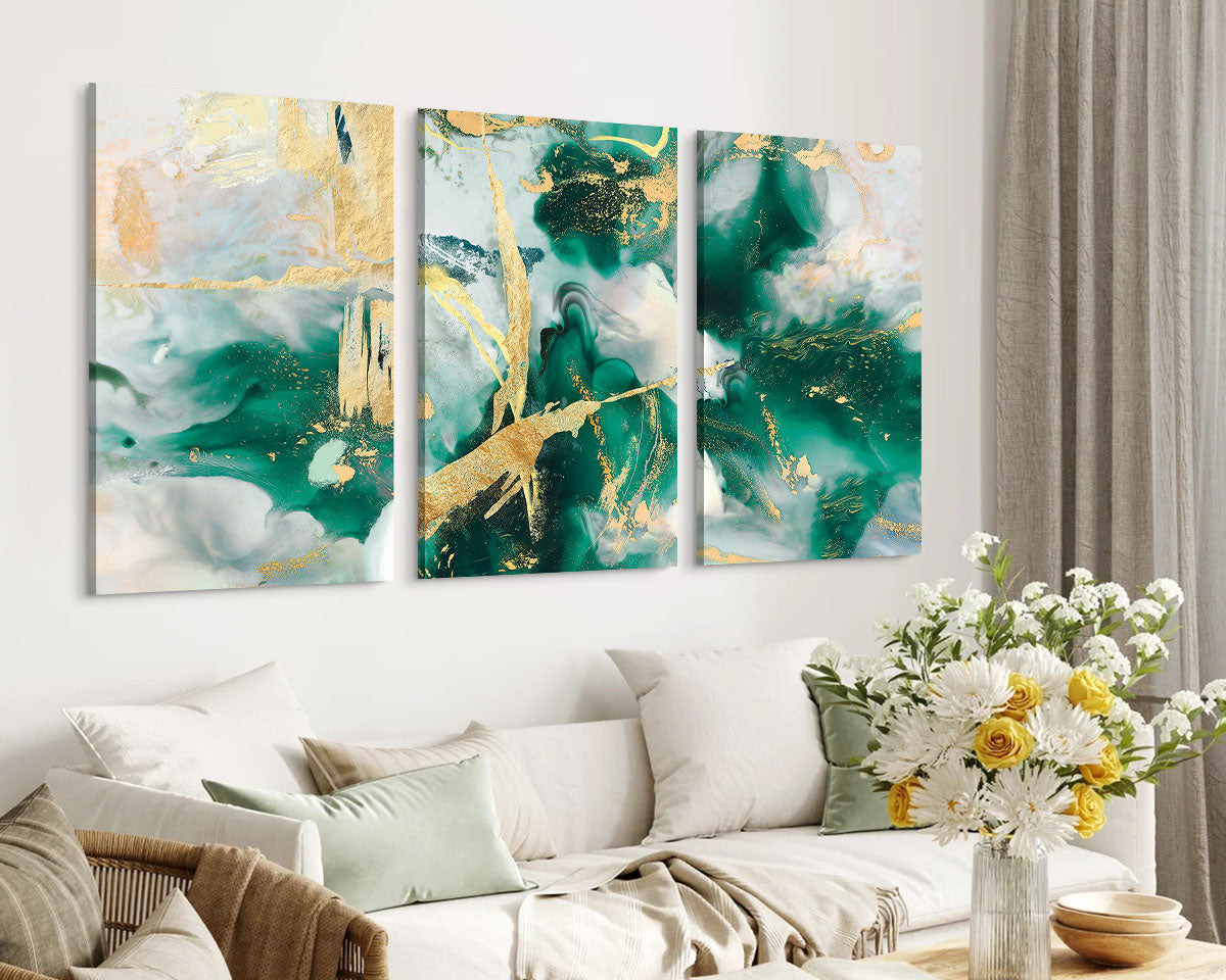 Wall Decor for Living Room Green Gold Office Wall Art Canvas Abstract Pictures 3 Pcs