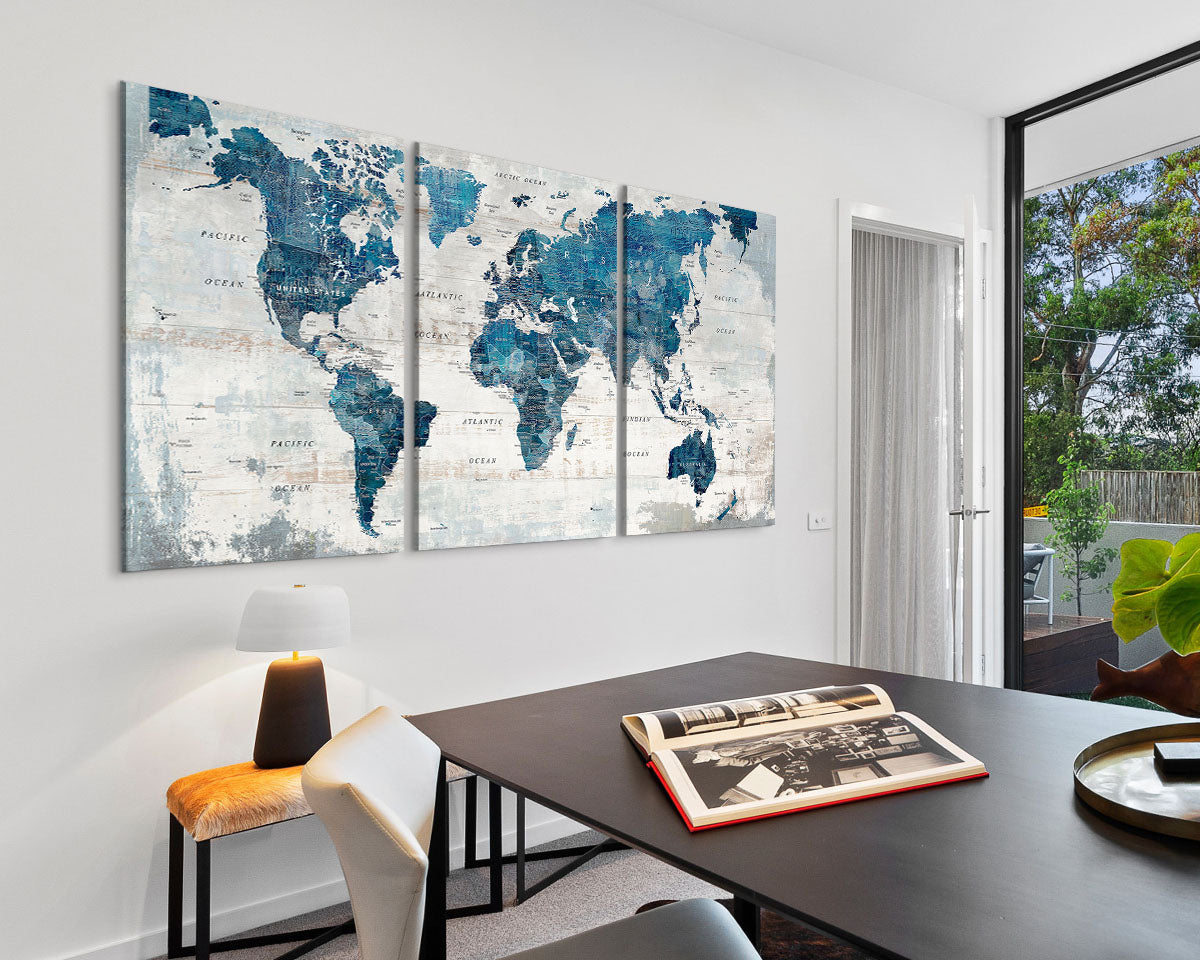 Canvas Wall Art World Map Office Artwork in Blue 3 Pcs