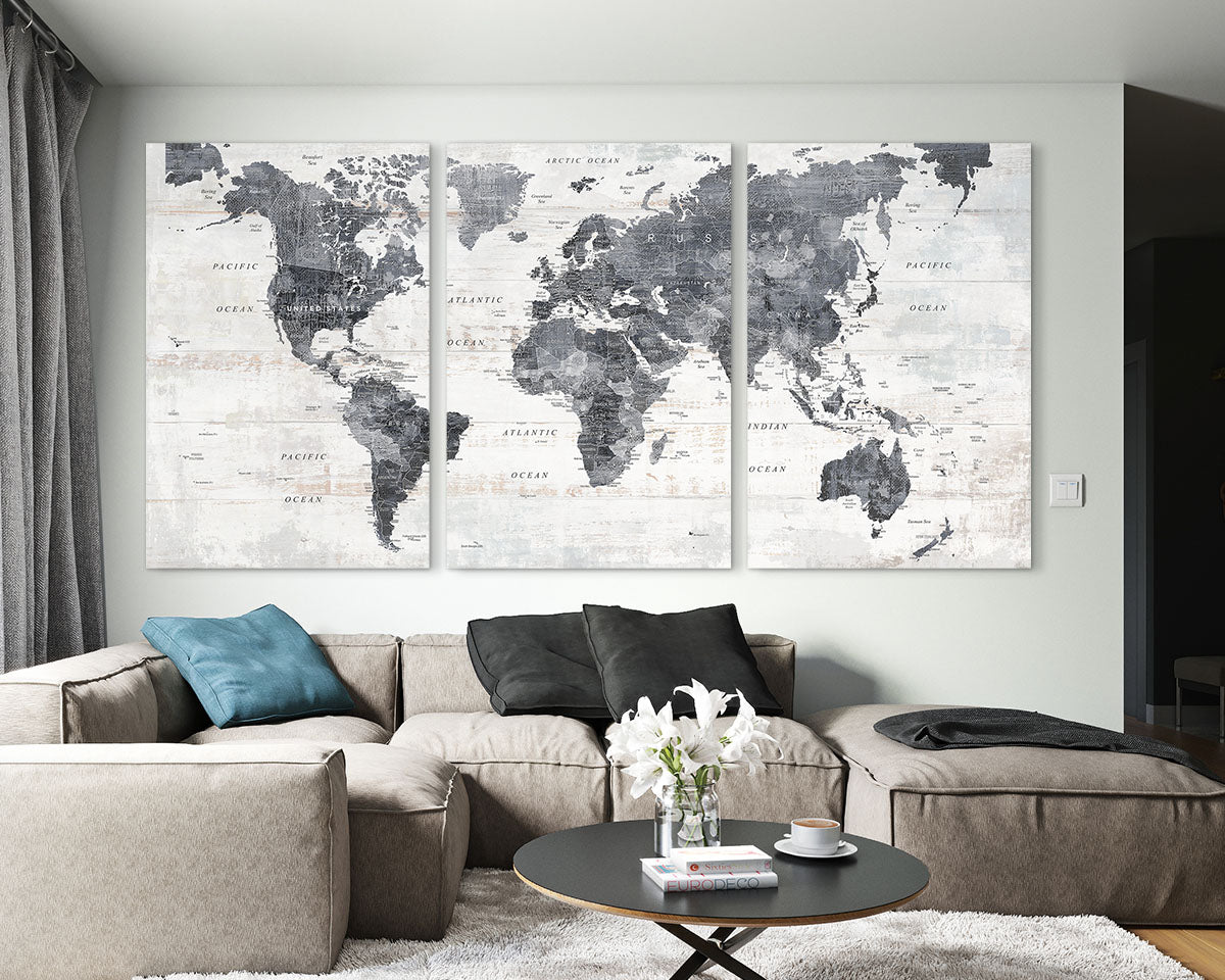 Canvas Wall Art World Map Office Artwork in Grey 3 Pcs