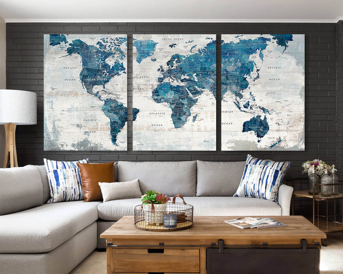 Canvas Wall Art World Map Office Artwork in Blue 3 Pcs