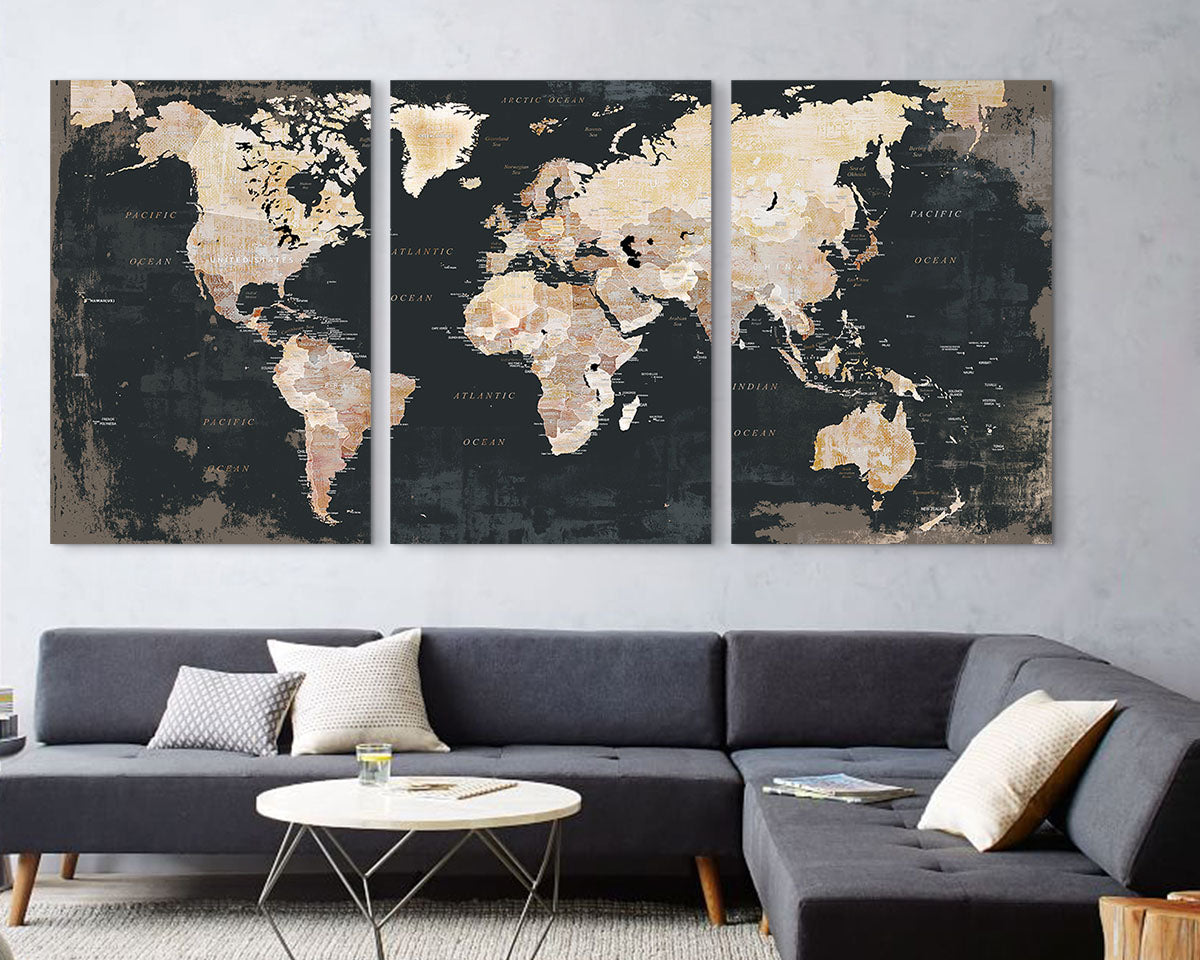 Canvas Wall Art World Map Office Artwork in Black 3 Pcs