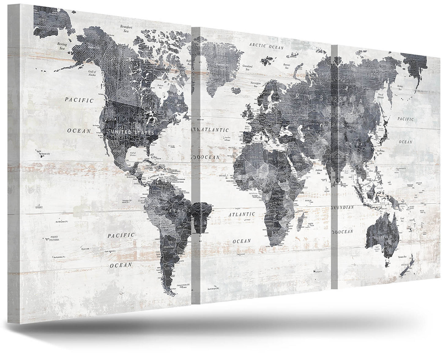 Canvas Wall Art World Map Office Artwork in Grey 3 Pcs