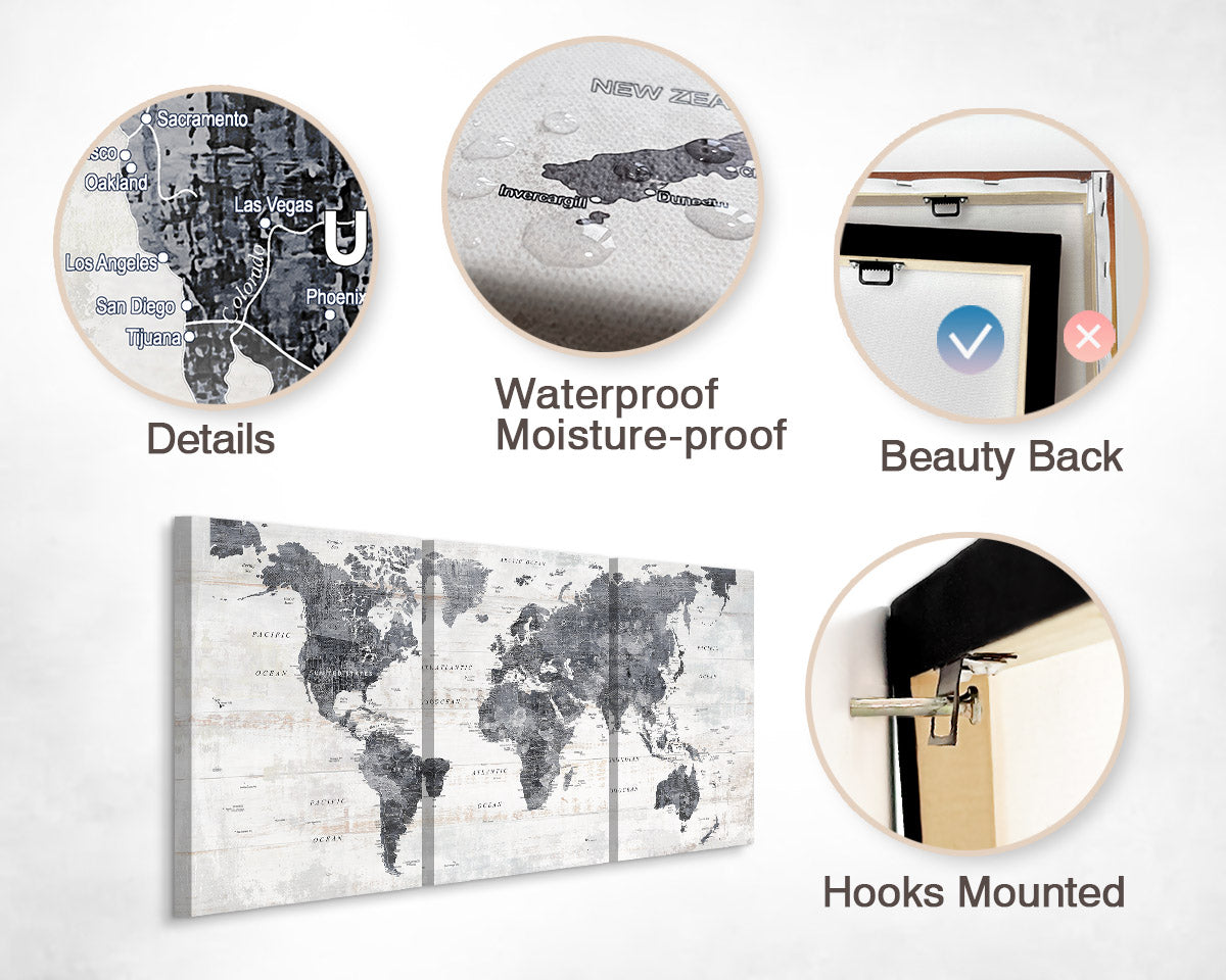 Canvas Wall Art World Map Office Artwork in Grey 3 Pcs
