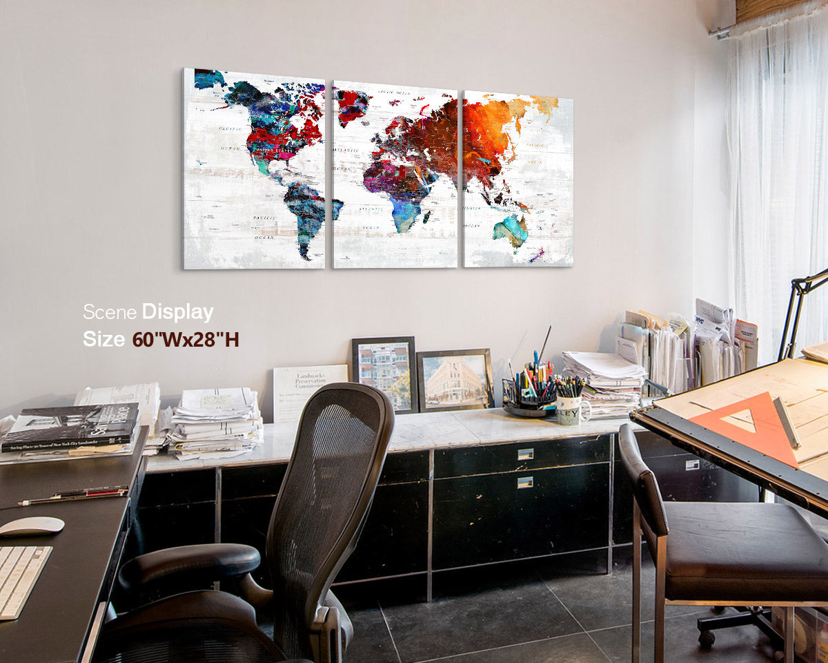 Canvas Wall Art World Map Office Artwork in Red 3 Pcs