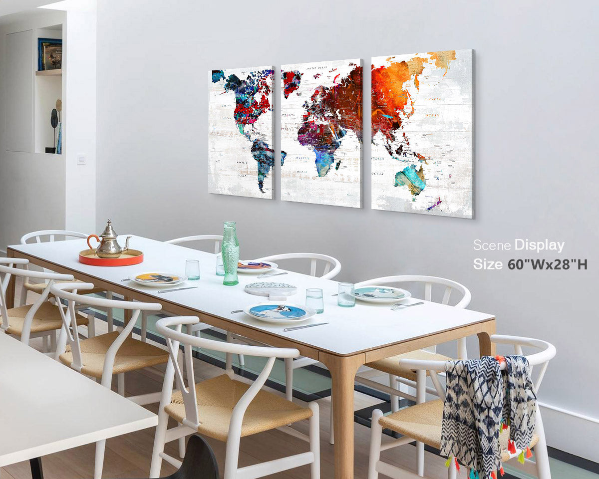 Canvas Wall Art World Map Office Artwork in Red 3 Pcs